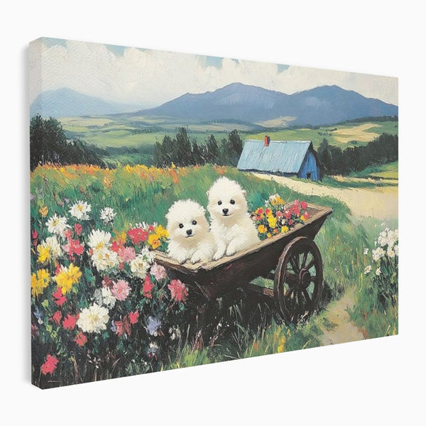 Fotoleinwand Leinwand Premium, LuxCanva® M1259, Frühling auf Rädern, Blumen, Auto, Auto, Landschaft, Berge, Malerei, Welpen, Frühling, Gras, liebenswert, liebenswert, Räder, Freunde, Büro, Wohnen, Wohnzimmer, Kinderzimmer