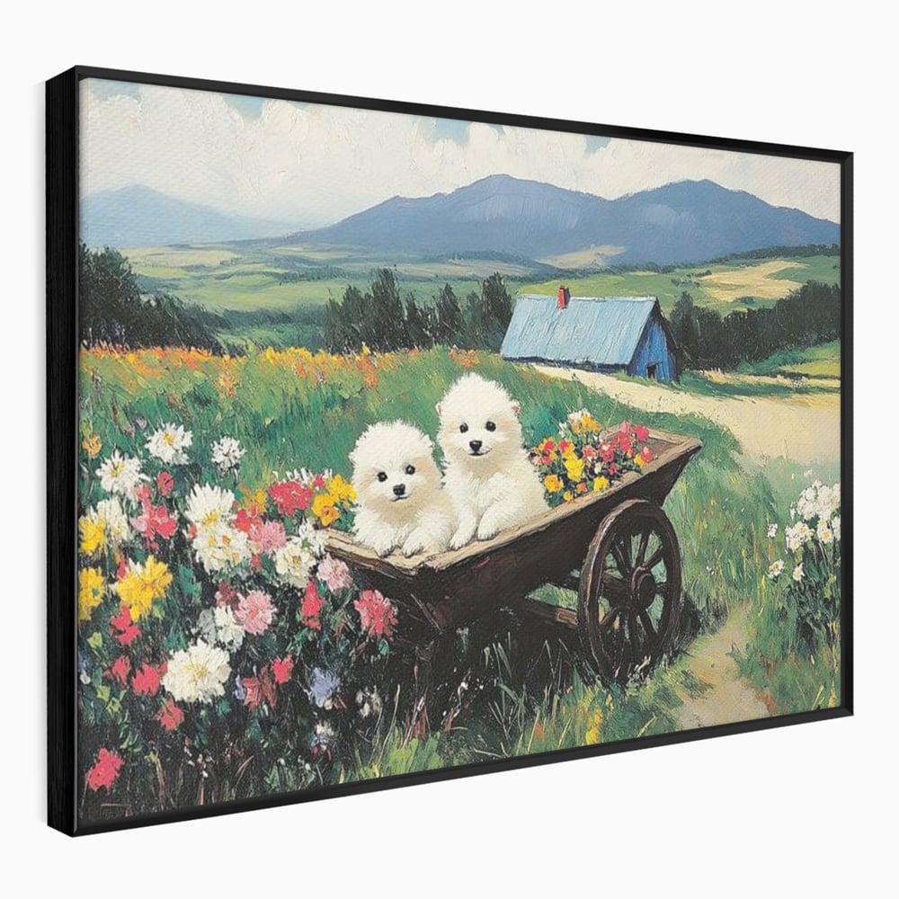 Fotoleinwand Leinwand Premium, LuxCanva® M1259, Frühling auf Rädern, Blumen, Auto, Auto, Landschaft, Berge, Malerei, Welpen, Frühling, Gras, liebenswert, liebenswert, Räder, Freunde, Büro, Wohnen, Wohnzimmer, Kinderzimmer