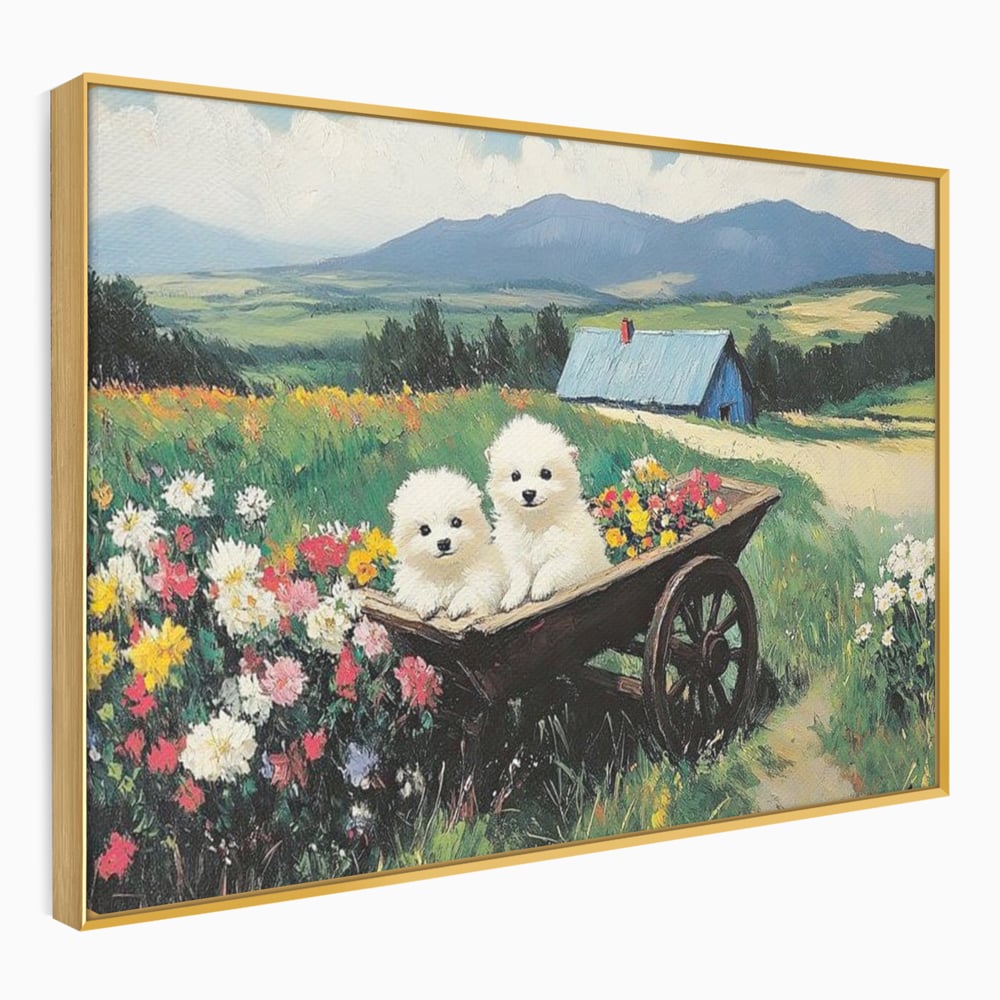 Fotoleinwand Leinwand Premium, LuxCanva® M1259, Frühling auf Rädern, Blumen, Auto, Auto, Landschaft, Berge, Malerei, Welpen, Frühling, Gras, liebenswert, liebenswert, Räder, Freunde, Büro, Wohnen, Wohnzimmer, Kinderzimmer
