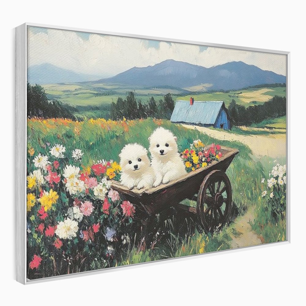Fotoleinwand Leinwand Premium, LuxCanva® M1259, Frühling auf Rädern, Blumen, Auto, Auto, Landschaft, Berge, Malerei, Welpen, Frühling, Gras, liebenswert, liebenswert, Räder, Freunde, Büro, Wohnen, Wohnzimmer, Kinderzimmer