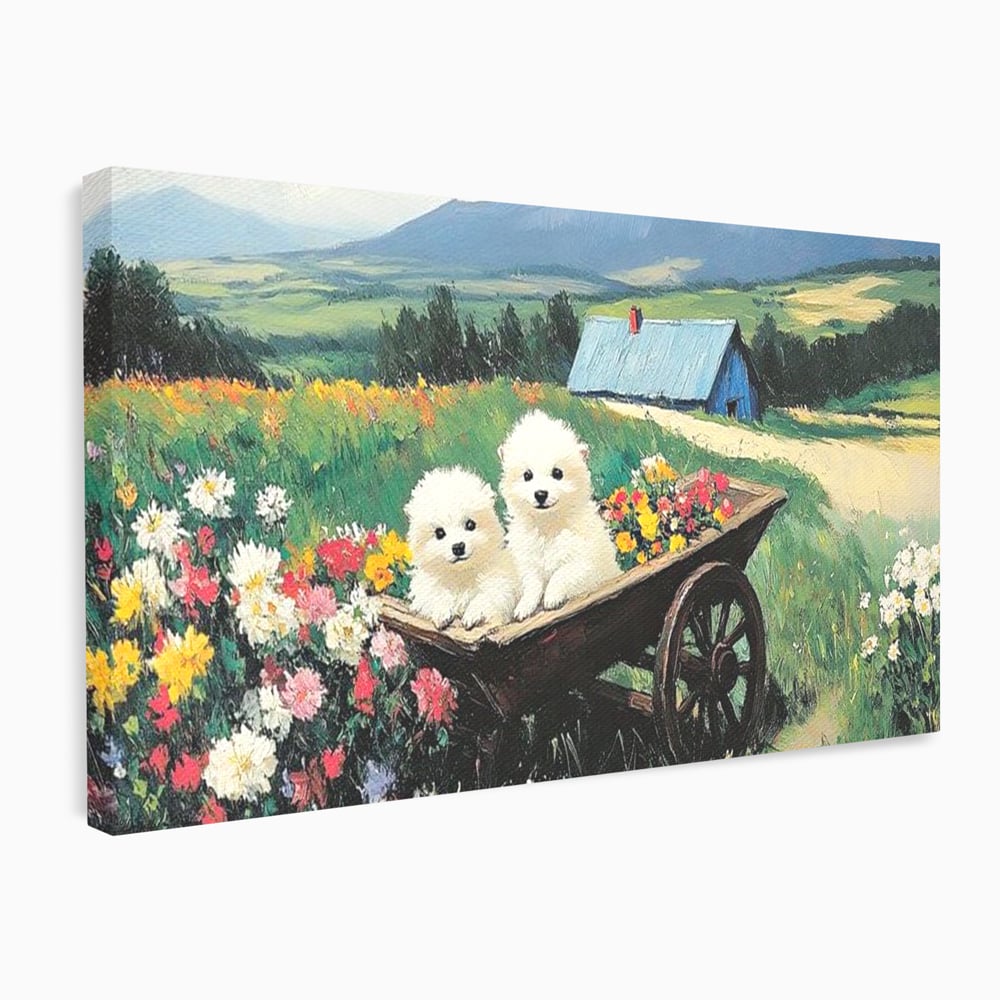 Fotoleinwand Leinwand Premium, LuxCanva® M1259, Frühling auf Rädern, Blumen, Auto, Auto, Landschaft, Berge, Malerei, Welpen, Frühling, Gras, liebenswert, liebenswert, Räder, Freunde, Büro, Wohnen, Wohnzimmer, Kinderzimmer