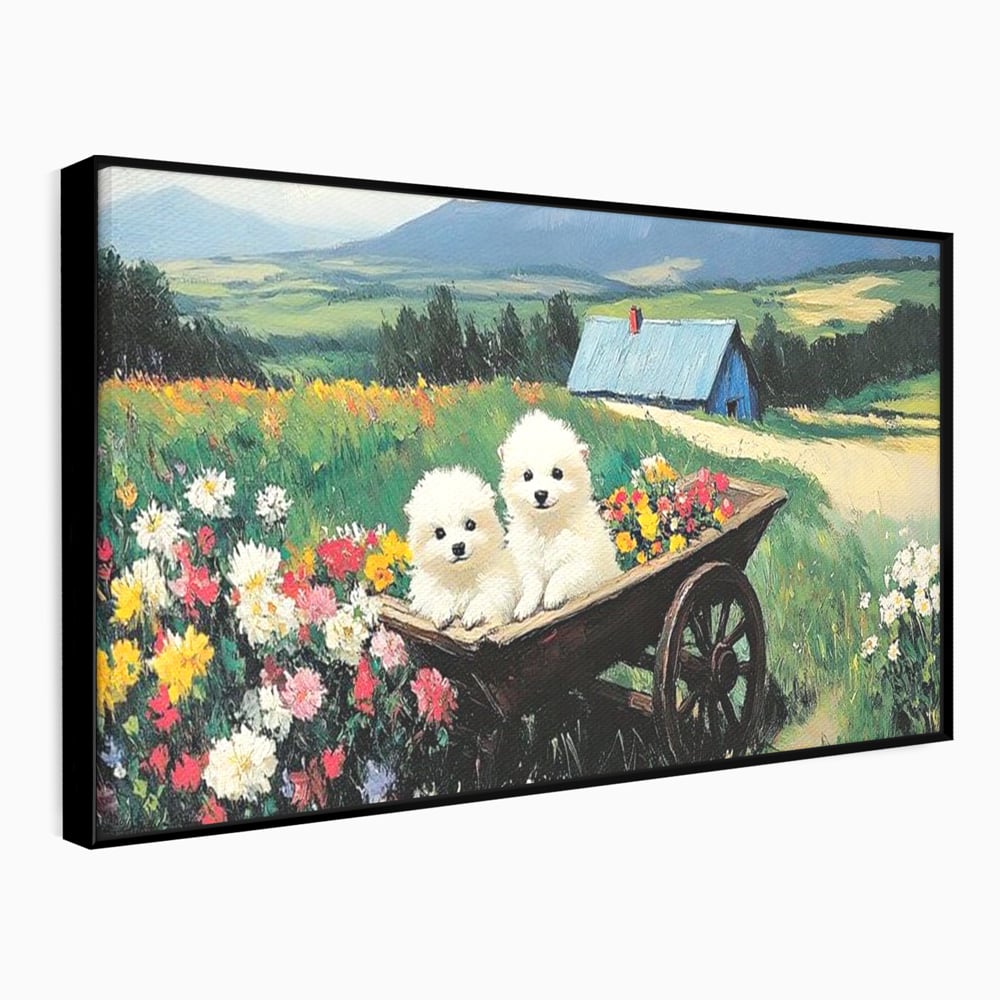 Fotoleinwand Leinwand Premium, LuxCanva® M1259, Frühling auf Rädern, Blumen, Auto, Auto, Landschaft, Berge, Malerei, Welpen, Frühling, Gras, liebenswert, liebenswert, Räder, Freunde, Büro, Wohnen, Wohnzimmer, Kinderzimmer