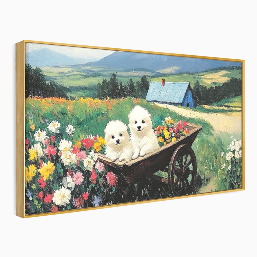 Fotoleinwand Leinwand Premium, LuxCanva® M1259, Frühling auf Rädern, Blumen, Auto, Auto, Landschaft, Berge, Malerei, Welpen, Frühling, Gras, liebenswert, liebenswert, Räder, Freunde, Büro, Wohnen, Wohnzimmer, Kinderzimmer