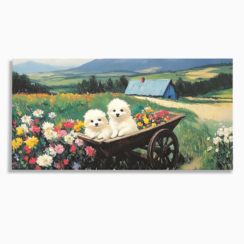 Fotoleinwand Leinwand Premium, LuxCanva® M1259, Frühling auf Rädern, Blumen, Auto, Auto, Landschaft, Berge, Malerei, Welpen, Frühling, Gras, liebenswert, liebenswert, Räder, Freunde, Büro, Wohnen, Wohnzimmer, Kinderzimmer