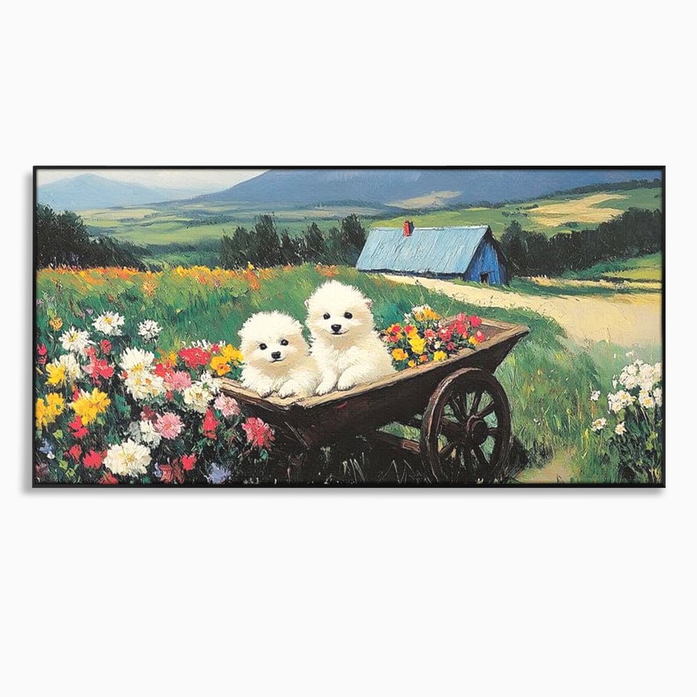 Fotoleinwand Leinwand Premium, LuxCanva® M1259, Frühling auf Rädern, Blumen, Auto, Auto, Landschaft, Berge, Malerei, Welpen, Frühling, Gras, liebenswert, liebenswert, Räder, Freunde, Büro, Wohnen, Wohnzimmer, Kinderzimmer