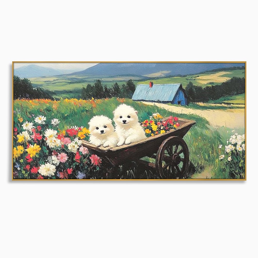 Fotoleinwand Leinwand Premium, LuxCanva® M1259, Frühling auf Rädern, Blumen, Auto, Auto, Landschaft, Berge, Malerei, Welpen, Frühling, Gras, liebenswert, liebenswert, Räder, Freunde, Büro, Wohnen, Wohnzimmer, Kinderzimmer