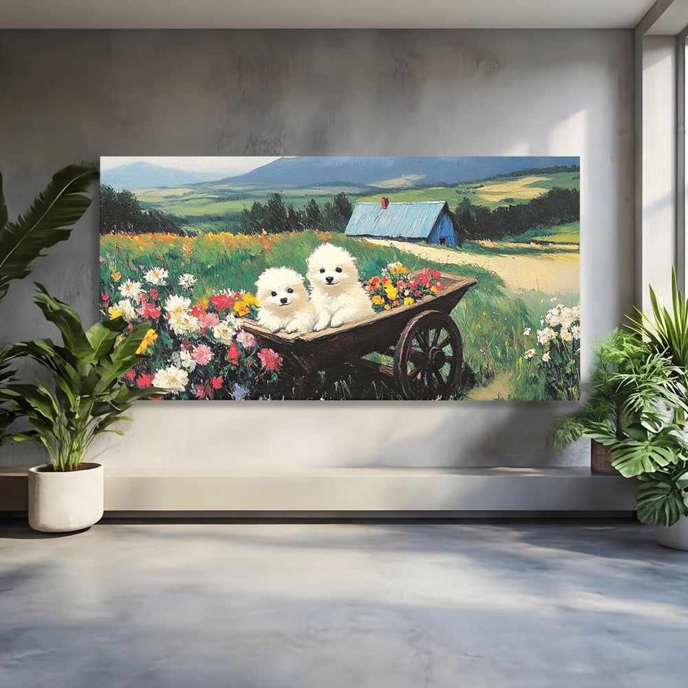 Fotoleinwand Leinwand Premium, LuxCanva® M1259, Frühling auf Rädern, Blumen, Auto, Auto, Landschaft, Berge, Malerei, Welpen, Frühling, Gras, liebenswert, liebenswert, Räder, Freunde, Büro, Wohnen, Wohnzimmer, Kinderzimmer