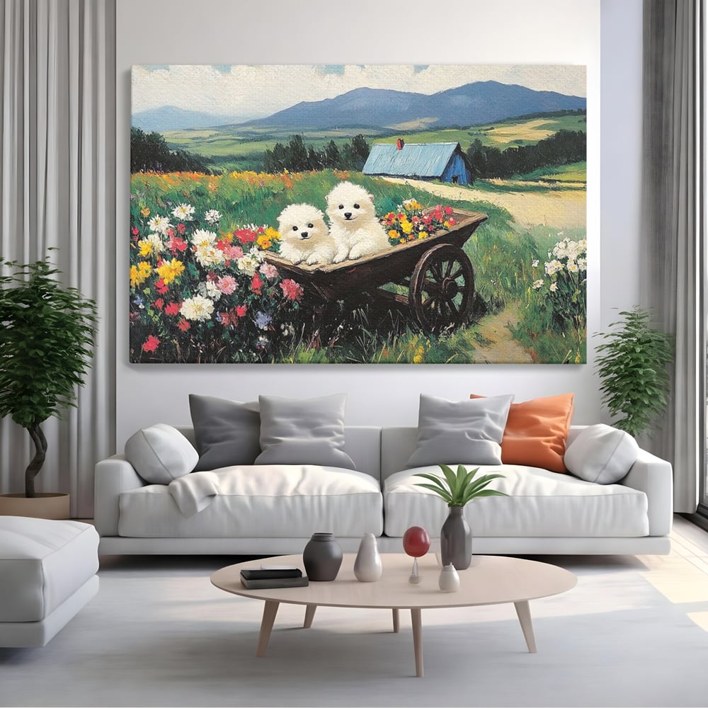 Fotoleinwand Leinwand Premium, LuxCanva® M1259, Frühling auf Rädern, Blumen, Auto, Auto, Landschaft, Berge, Malerei, Welpen, Frühling, Gras, liebenswert, liebenswert, Räder, Freunde, Büro, Wohnen, Wohnzimmer, Kinderzimmer