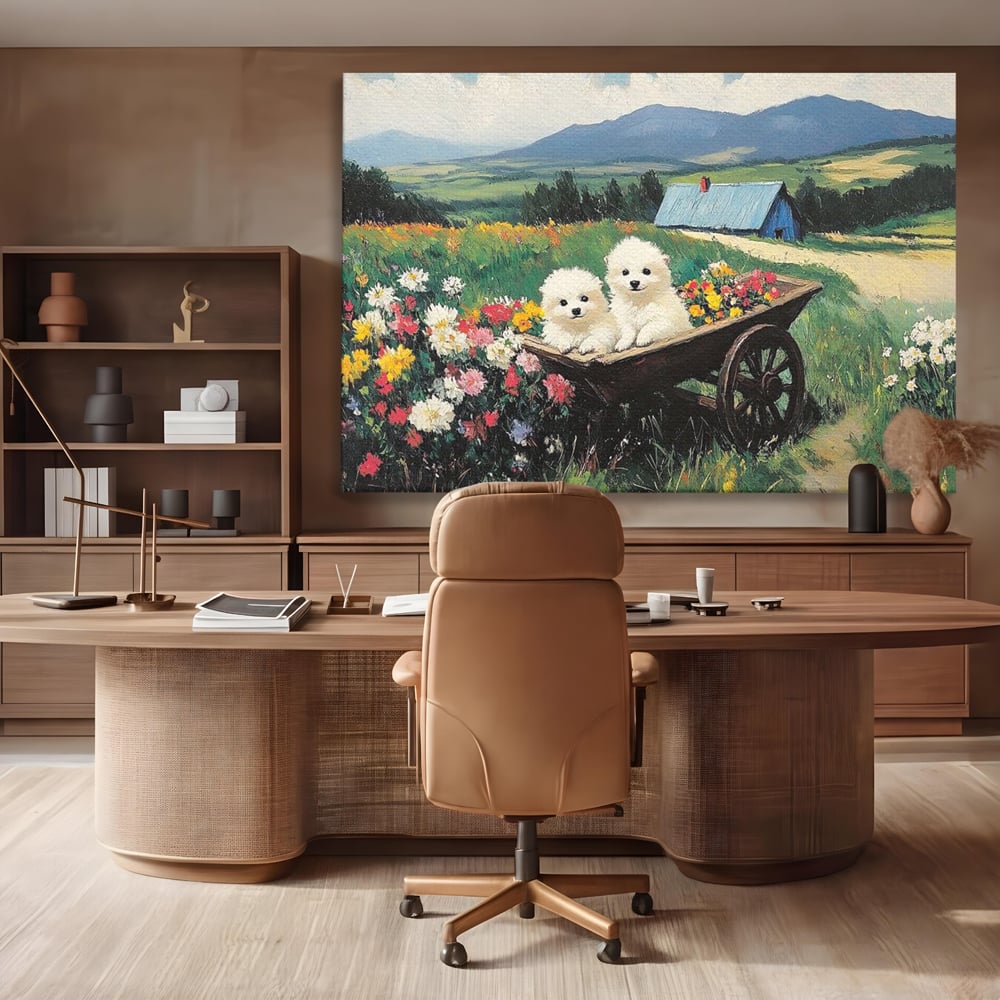 Fotoleinwand Leinwand Premium, LuxCanva® M1259, Frühling auf Rädern, Blumen, Auto, Auto, Landschaft, Berge, Malerei, Welpen, Frühling, Gras, liebenswert, liebenswert, Räder, Freunde, Büro, Wohnen, Wohnzimmer, Kinderzimmer