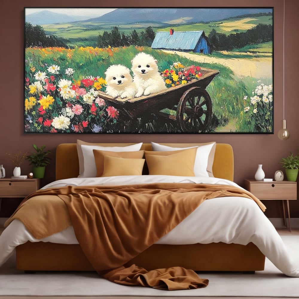 Fotoleinwand Leinwand Premium, LuxCanva® M1259, Frühling auf Rädern, Blumen, Auto, Auto, Landschaft, Berge, Malerei, Welpen, Frühling, Gras, liebenswert, liebenswert, Räder, Freunde, Büro, Wohnen, Wohnzimmer, Kinderzimmer