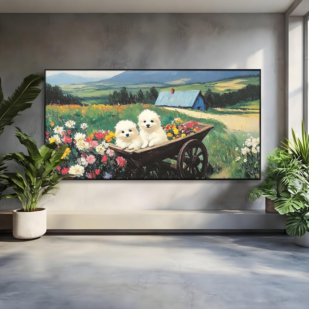 Fotoleinwand Leinwand Premium, LuxCanva® M1259, Frühling auf Rädern, Blumen, Auto, Auto, Landschaft, Berge, Malerei, Welpen, Frühling, Gras, liebenswert, liebenswert, Räder, Freunde, Büro, Wohnen, Wohnzimmer, Kinderzimmer