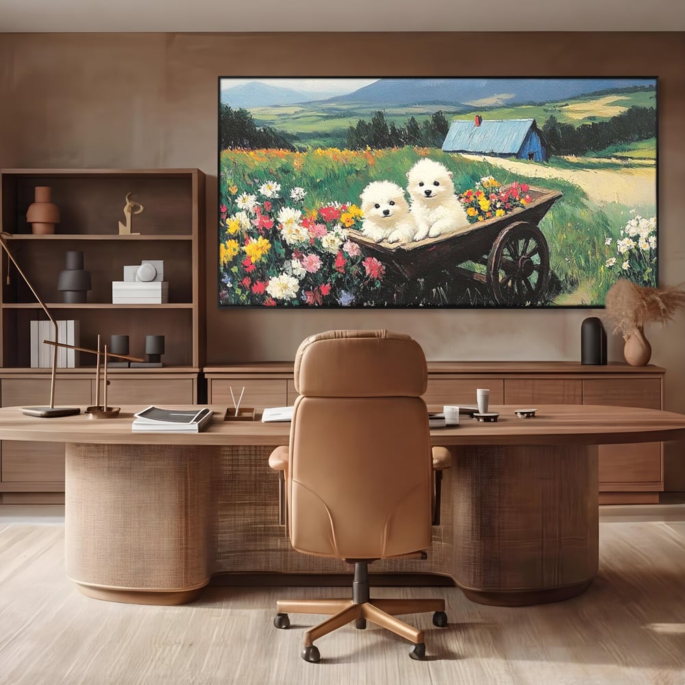 Fotoleinwand Leinwand Premium, LuxCanva® M1259, Frühling auf Rädern, Blumen, Auto, Auto, Landschaft, Berge, Malerei, Welpen, Frühling, Gras, liebenswert, liebenswert, Räder, Freunde, Büro, Wohnen, Wohnzimmer, Kinderzimmer