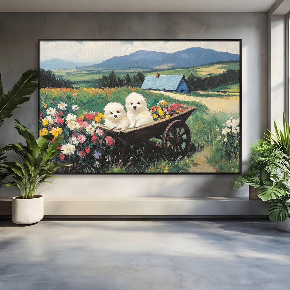Fotoleinwand Leinwand Premium, LuxCanva® M1259, Frühling auf Rädern, Blumen, Auto, Auto, Landschaft, Berge, Malerei, Welpen, Frühling, Gras, liebenswert, liebenswert, Räder, Freunde, Büro, Wohnen, Wohnzimmer, Kinderzimmer