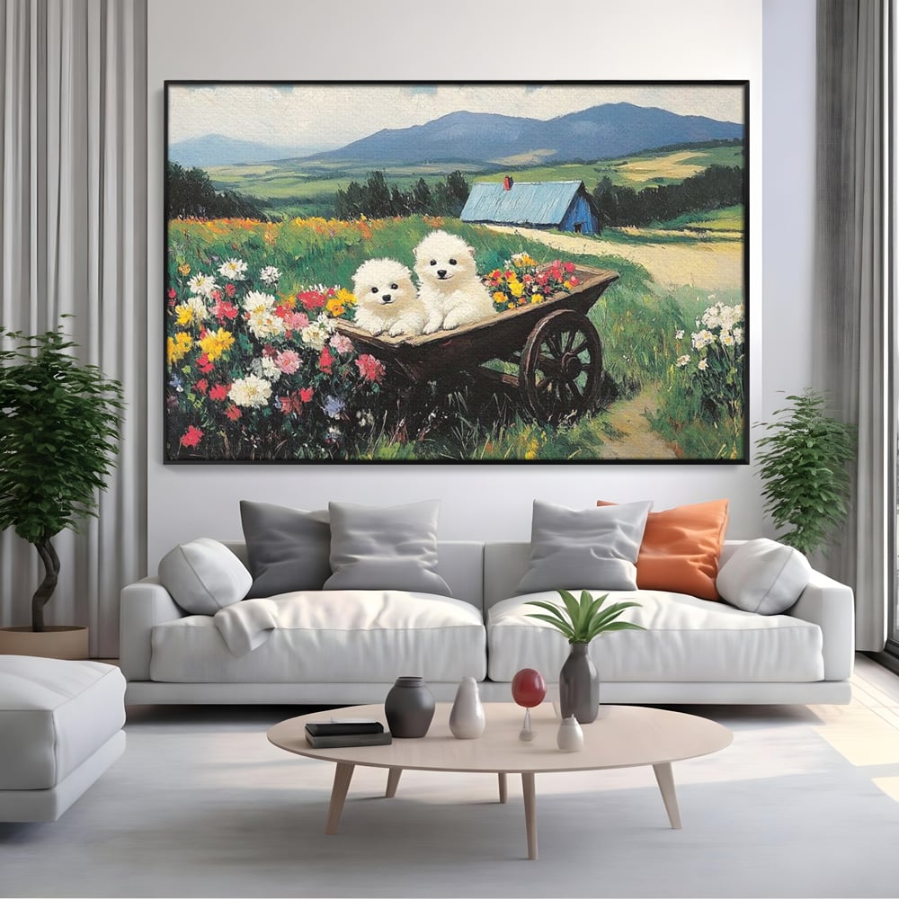 Fotoleinwand Leinwand Premium, LuxCanva® M1259, Frühling auf Rädern, Blumen, Auto, Auto, Landschaft, Berge, Malerei, Welpen, Frühling, Gras, liebenswert, liebenswert, Räder, Freunde, Büro, Wohnen, Wohnzimmer, Kinderzimmer