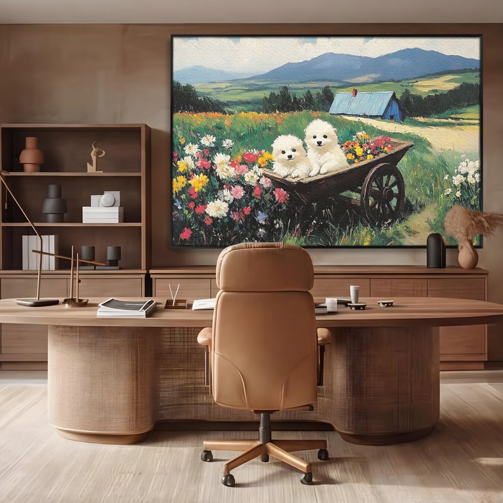 Fotoleinwand Leinwand Premium, LuxCanva® M1259, Frühling auf Rädern, Blumen, Auto, Auto, Landschaft, Berge, Malerei, Welpen, Frühling, Gras, liebenswert, liebenswert, Räder, Freunde, Büro, Wohnen, Wohnzimmer, Kinderzimmer