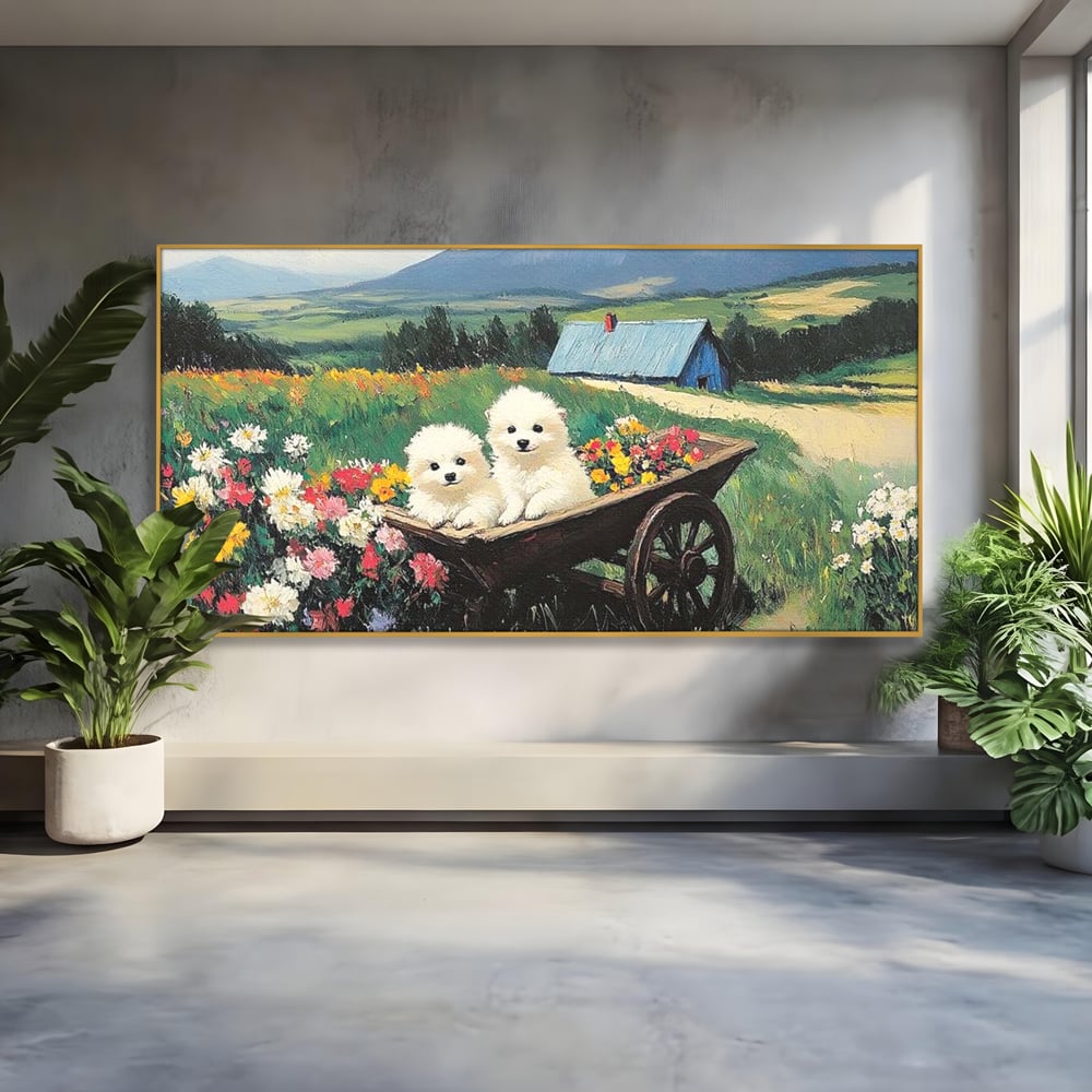 Fotoleinwand Leinwand Premium, LuxCanva® M1259, Frühling auf Rädern, Blumen, Auto, Auto, Landschaft, Berge, Malerei, Welpen, Frühling, Gras, liebenswert, liebenswert, Räder, Freunde, Büro, Wohnen, Wohnzimmer, Kinderzimmer