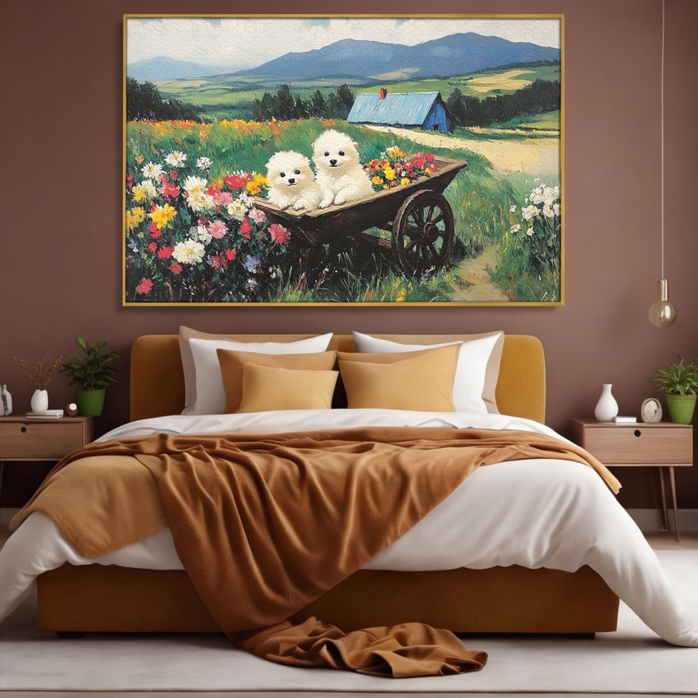 Fotoleinwand Leinwand Premium, LuxCanva® M1259, Frühling auf Rädern, Blumen, Auto, Auto, Landschaft, Berge, Malerei, Welpen, Frühling, Gras, liebenswert, liebenswert, Räder, Freunde, Büro, Wohnen, Wohnzimmer, Kinderzimmer