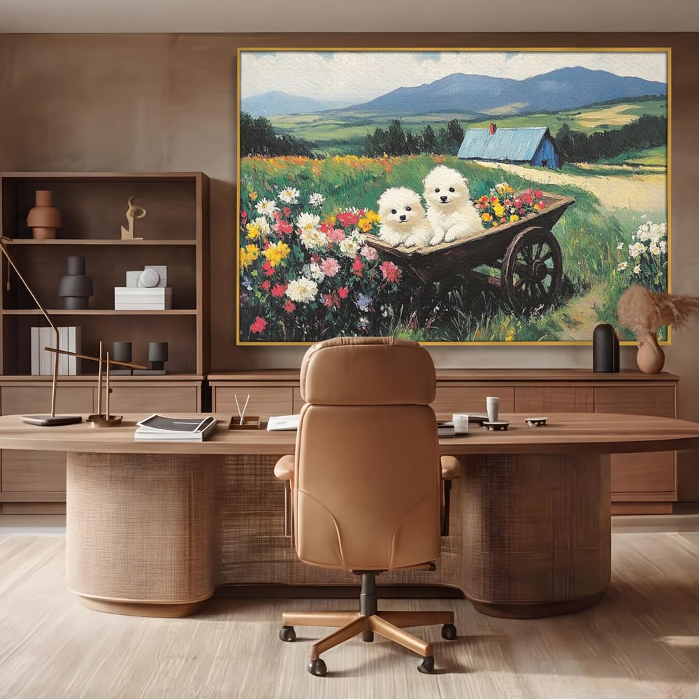 Fotoleinwand Leinwand Premium, LuxCanva® M1259, Frühling auf Rädern, Blumen, Auto, Auto, Landschaft, Berge, Malerei, Welpen, Frühling, Gras, liebenswert, liebenswert, Räder, Freunde, Büro, Wohnen, Wohnzimmer, Kinderzimmer