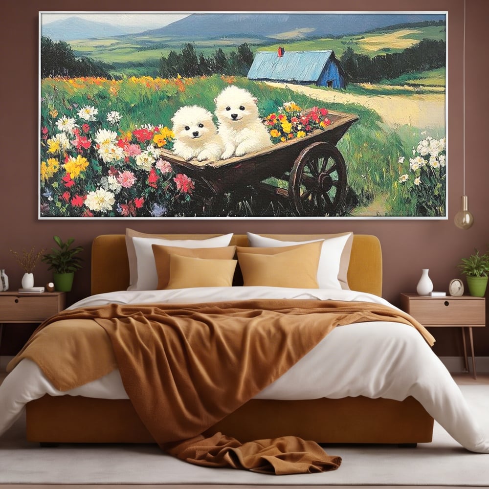 Fotoleinwand Leinwand Premium, LuxCanva® M1259, Frühling auf Rädern, Blumen, Auto, Auto, Landschaft, Berge, Malerei, Welpen, Frühling, Gras, liebenswert, liebenswert, Räder, Freunde, Büro, Wohnen, Wohnzimmer, Kinderzimmer