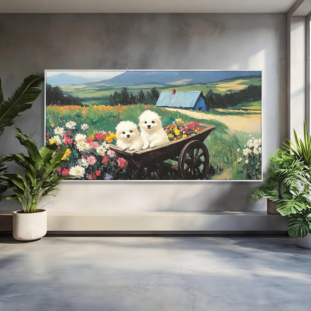 Fotoleinwand Leinwand Premium, LuxCanva® M1259, Frühling auf Rädern, Blumen, Auto, Auto, Landschaft, Berge, Malerei, Welpen, Frühling, Gras, liebenswert, liebenswert, Räder, Freunde, Büro, Wohnen, Wohnzimmer, Kinderzimmer