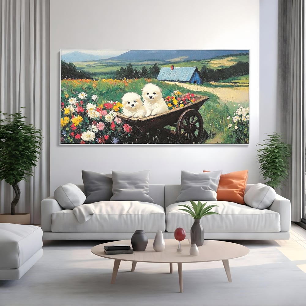 Fotoleinwand Leinwand Premium, LuxCanva® M1259, Frühling auf Rädern, Blumen, Auto, Auto, Landschaft, Berge, Malerei, Welpen, Frühling, Gras, liebenswert, liebenswert, Räder, Freunde, Büro, Wohnen, Wohnzimmer, Kinderzimmer