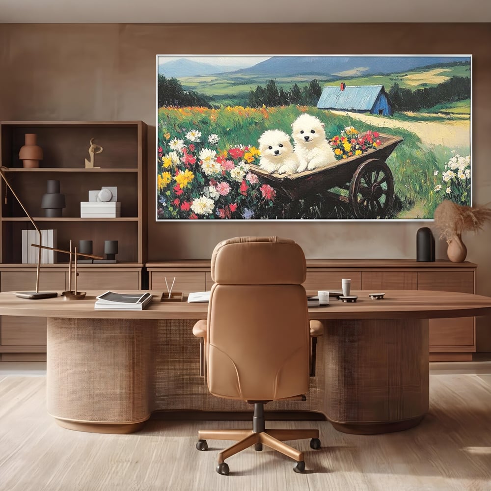 Fotoleinwand Leinwand Premium, LuxCanva® M1259, Frühling auf Rädern, Blumen, Auto, Auto, Landschaft, Berge, Malerei, Welpen, Frühling, Gras, liebenswert, liebenswert, Räder, Freunde, Büro, Wohnen, Wohnzimmer, Kinderzimmer