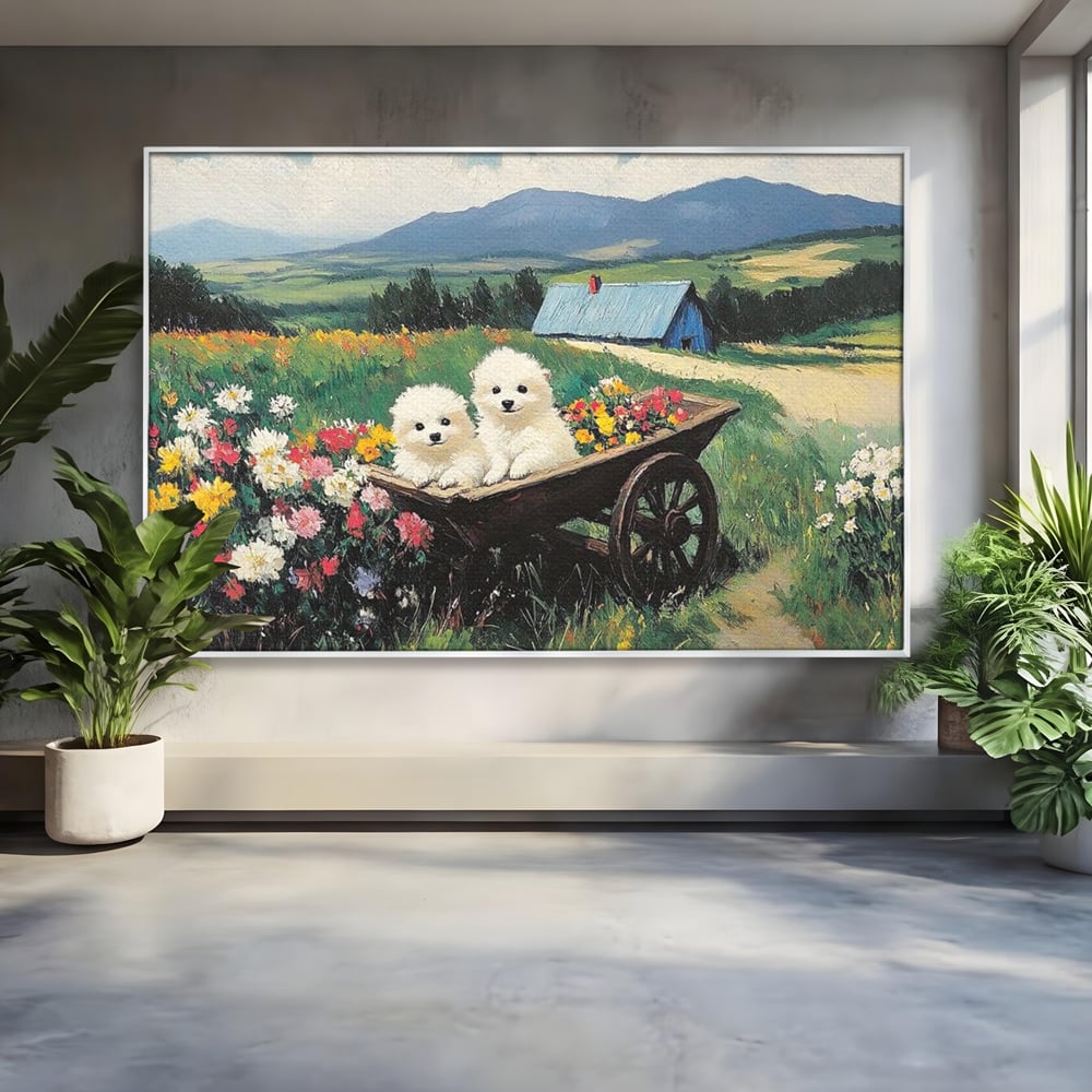 Fotoleinwand Leinwand Premium, LuxCanva® M1259, Frühling auf Rädern, Blumen, Auto, Auto, Landschaft, Berge, Malerei, Welpen, Frühling, Gras, liebenswert, liebenswert, Räder, Freunde, Büro, Wohnen, Wohnzimmer, Kinderzimmer