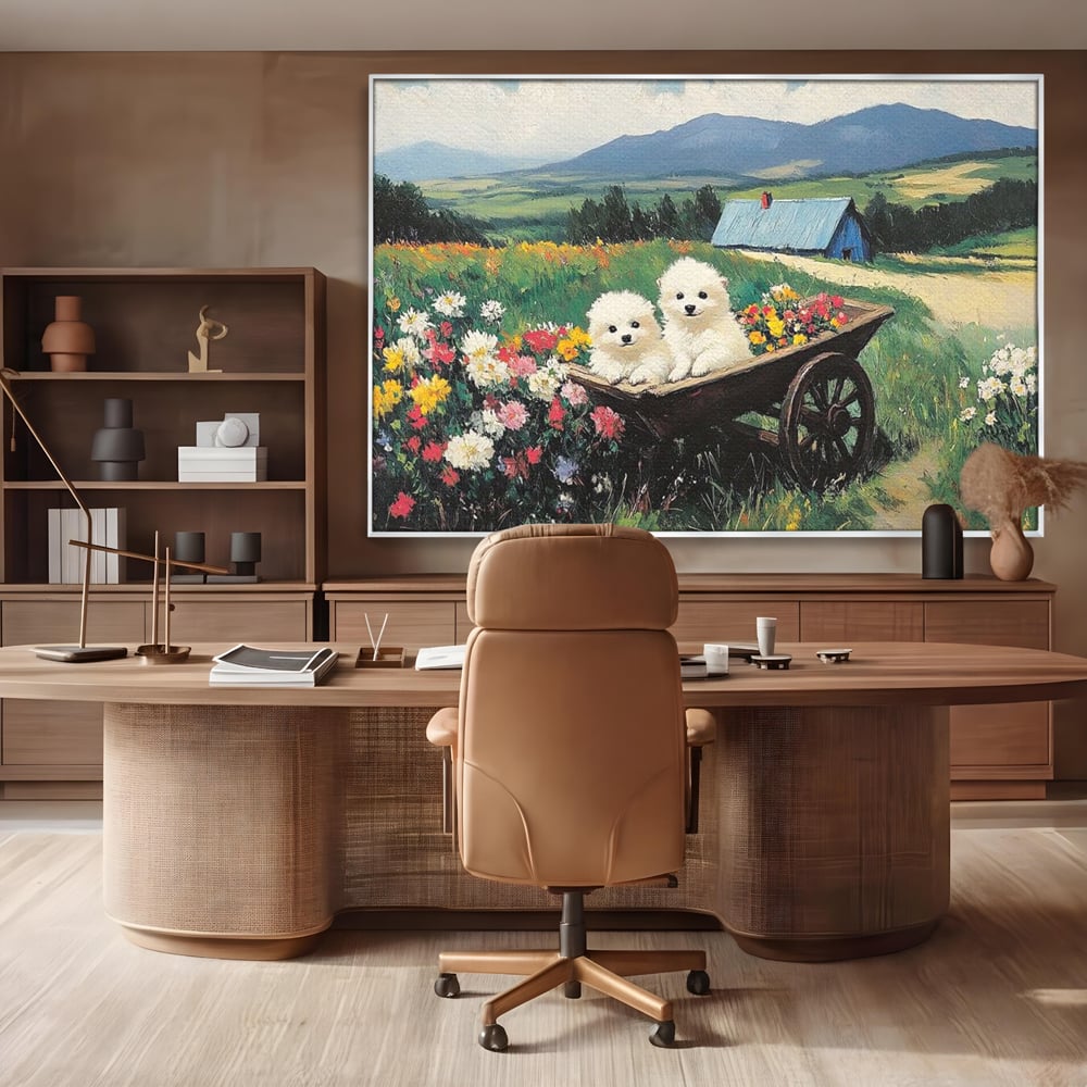 Fotoleinwand Leinwand Premium, LuxCanva® M1259, Frühling auf Rädern, Blumen, Auto, Auto, Landschaft, Berge, Malerei, Welpen, Frühling, Gras, liebenswert, liebenswert, Räder, Freunde, Büro, Wohnen, Wohnzimmer, Kinderzimmer
