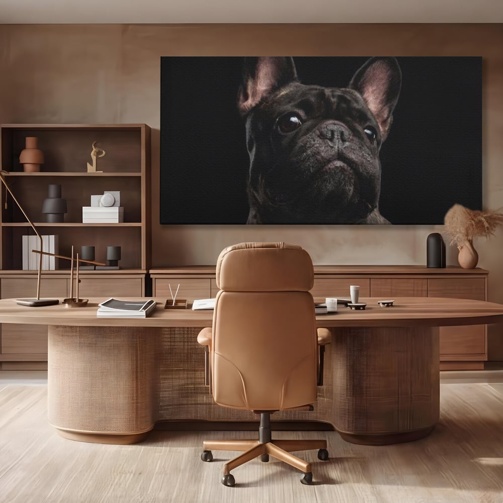 Leinwand Premium Canvas Wandkunst, LuxCanva® M1260, Bulldogge im Schatten, Porträt, Bulldogge, Bulldogge, Hund, Hund, dunkel, kynologisch, Tier, ausdrucksstark, realistisch, Rasse, Büro, Wohnen, Kinderzimmer
