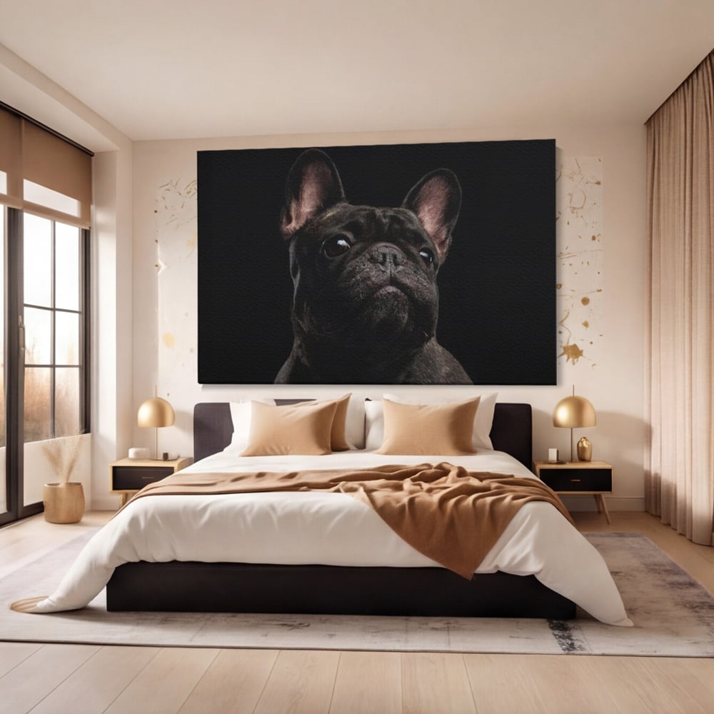 Leinwand Premium Canvas Wandkunst, LuxCanva® M1260, Bulldogge im Schatten, Porträt, Bulldogge, Bulldogge, Hund, Hund, dunkel, kynologisch, Tier, ausdrucksstark, realistisch, Rasse, Büro, Wohnen, Kinderzimmer