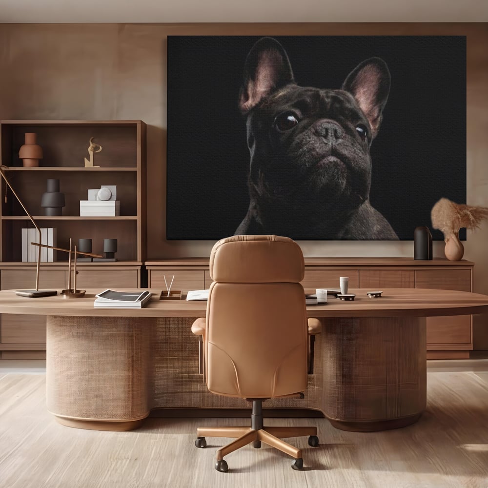 Leinwand Premium Canvas Wandkunst, LuxCanva® M1260, Bulldogge im Schatten, Porträt, Bulldogge, Bulldogge, Hund, Hund, dunkel, kynologisch, Tier, ausdrucksstark, realistisch, Rasse, Büro, Wohnen, Kinderzimmer