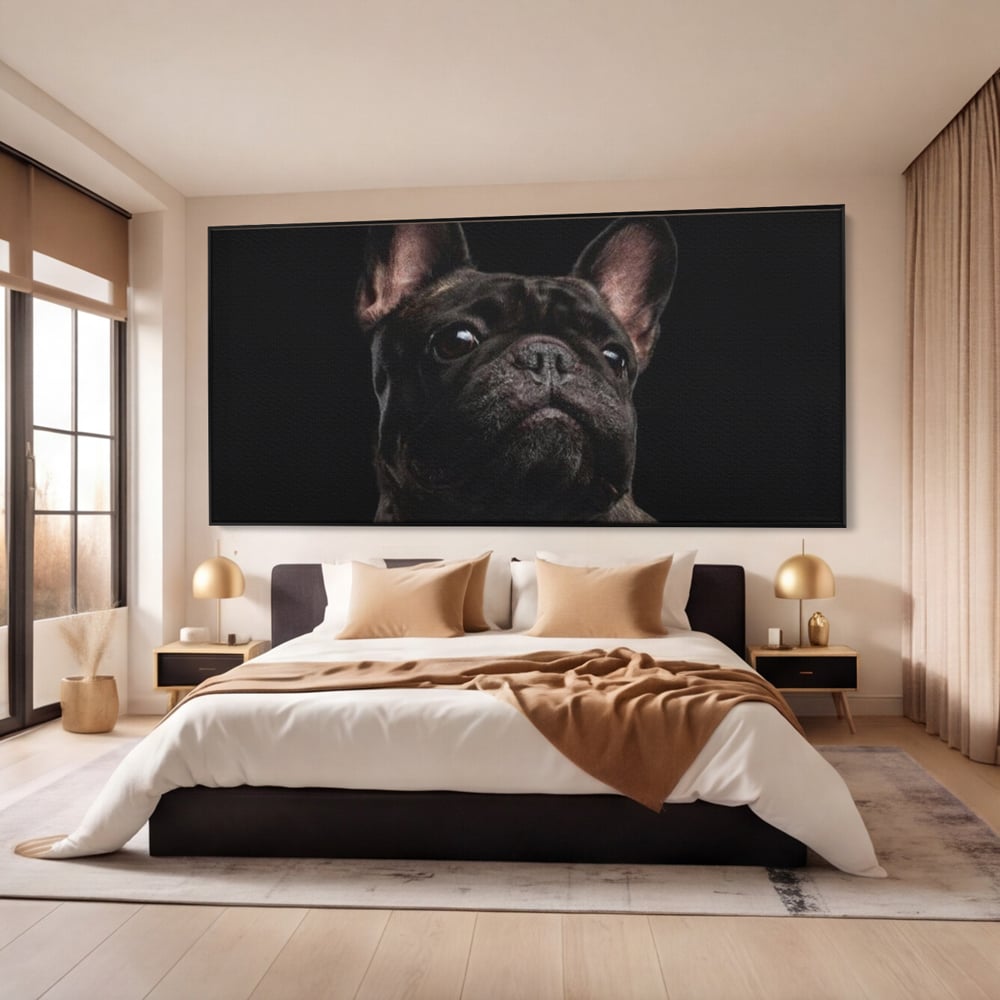 Leinwand Premium Canvas Wandkunst, LuxCanva® M1260, Bulldogge im Schatten, Porträt, Bulldogge, Bulldogge, Hund, Hund, dunkel, kynologisch, Tier, ausdrucksstark, realistisch, Rasse, Büro, Wohnen, Kinderzimmer