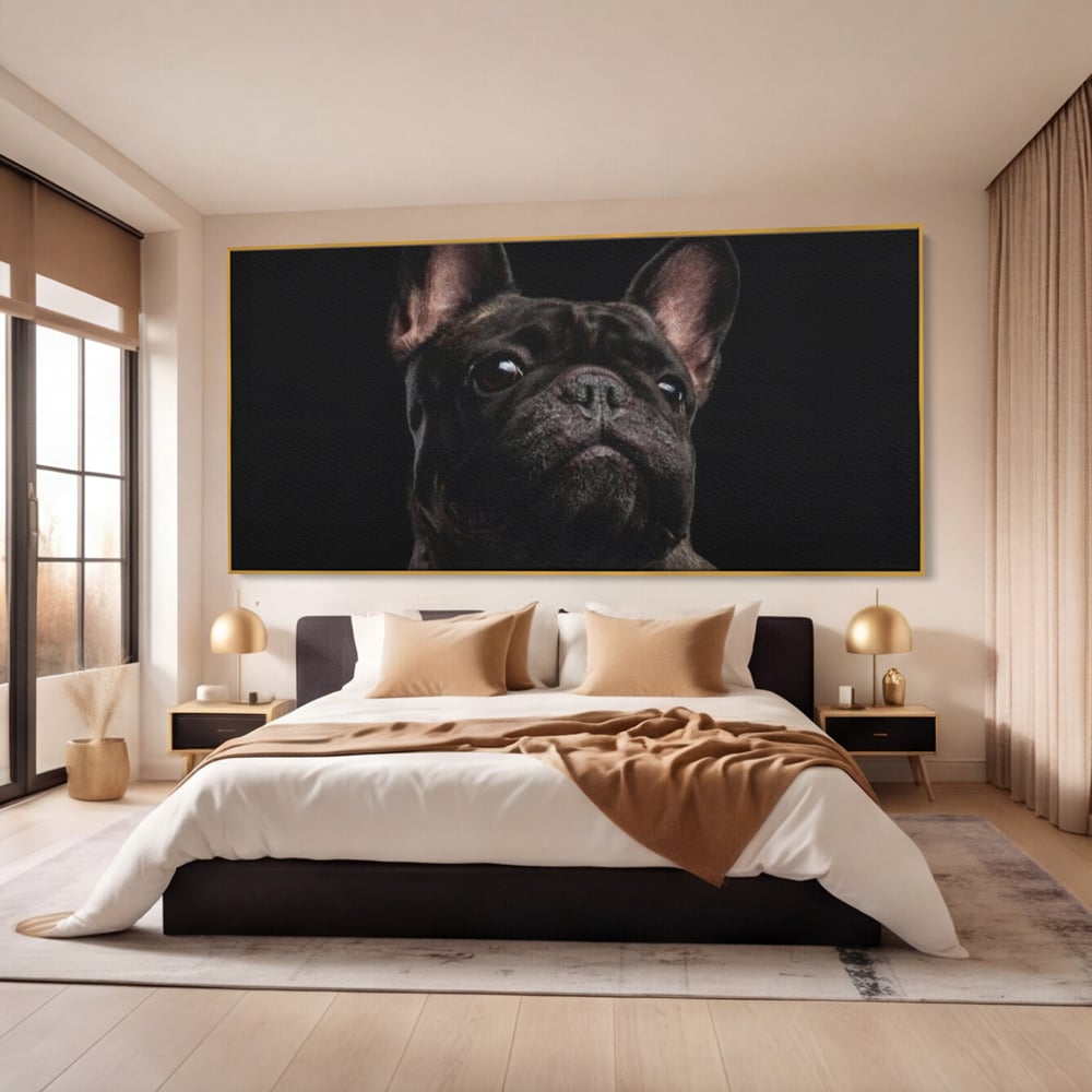 Leinwand Premium Canvas Wandkunst, LuxCanva® M1260, Bulldogge im Schatten, Porträt, Bulldogge, Bulldogge, Hund, Hund, dunkel, kynologisch, Tier, ausdrucksstark, realistisch, Rasse, Büro, Wohnen, Kinderzimmer