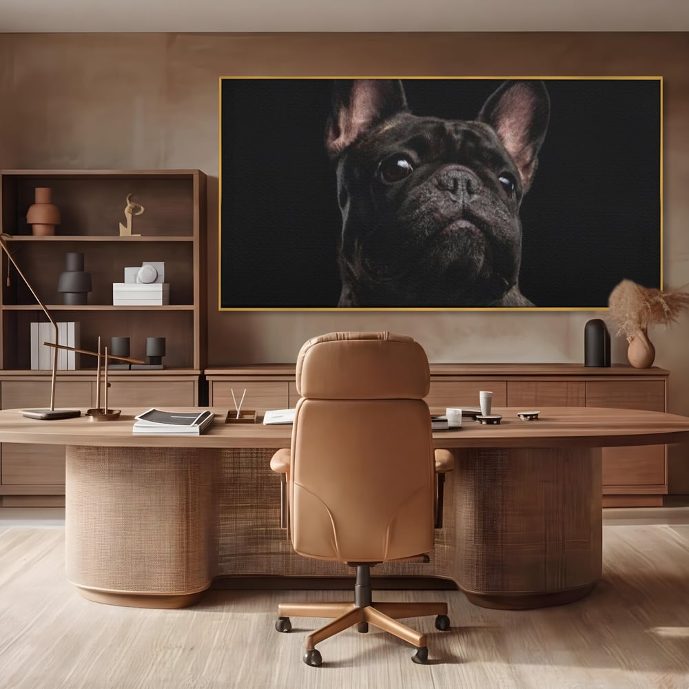 Leinwand Premium Canvas Wandkunst, LuxCanva® M1260, Bulldogge im Schatten, Porträt, Bulldogge, Bulldogge, Hund, Hund, dunkel, kynologisch, Tier, ausdrucksstark, realistisch, Rasse, Büro, Wohnen, Kinderzimmer