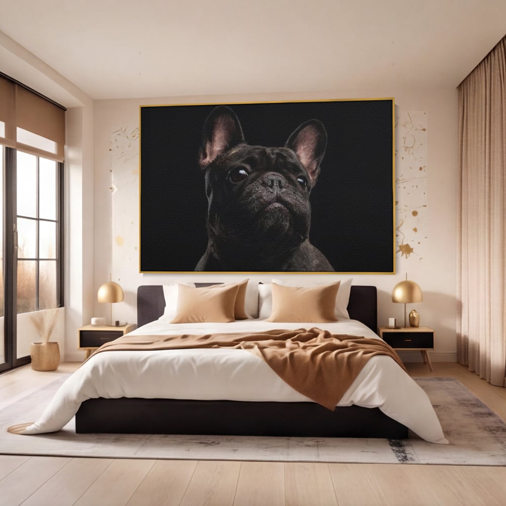 Leinwand Premium Canvas Wandkunst, LuxCanva® M1260, Bulldogge im Schatten, Porträt, Bulldogge, Bulldogge, Hund, Hund, dunkel, kynologisch, Tier, ausdrucksstark, realistisch, Rasse, Büro, Wohnen, Kinderzimmer