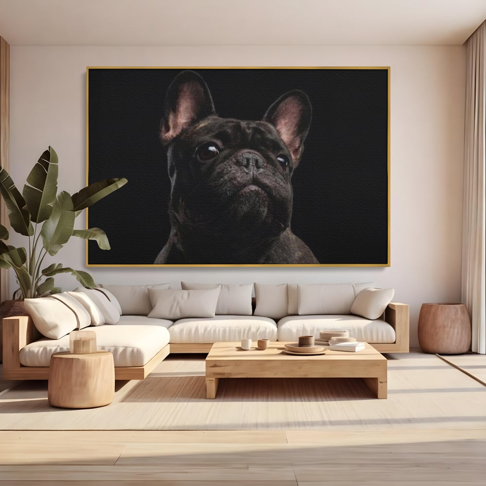 Leinwand Premium Canvas Wandkunst, LuxCanva® M1260, Bulldogge im Schatten, Porträt, Bulldogge, Bulldogge, Hund, Hund, dunkel, kynologisch, Tier, ausdrucksstark, realistisch, Rasse, Büro, Wohnen, Kinderzimmer