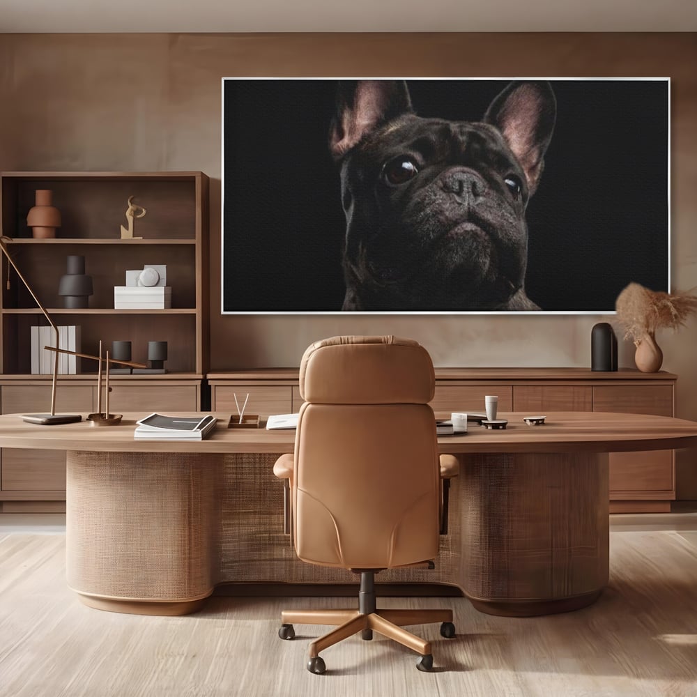 Leinwand Premium Canvas Wandkunst, LuxCanva® M1260, Bulldogge im Schatten, Porträt, Bulldogge, Bulldogge, Hund, Hund, dunkel, kynologisch, Tier, ausdrucksstark, realistisch, Rasse, Büro, Wohnen, Kinderzimmer