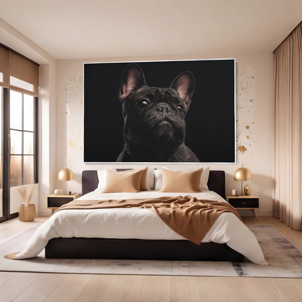 Leinwand Premium Canvas Wandkunst, LuxCanva® M1260, Bulldogge im Schatten, Porträt, Bulldogge, Bulldogge, Hund, Hund, dunkel, kynologisch, Tier, ausdrucksstark, realistisch, Rasse, Büro, Wohnen, Kinderzimmer