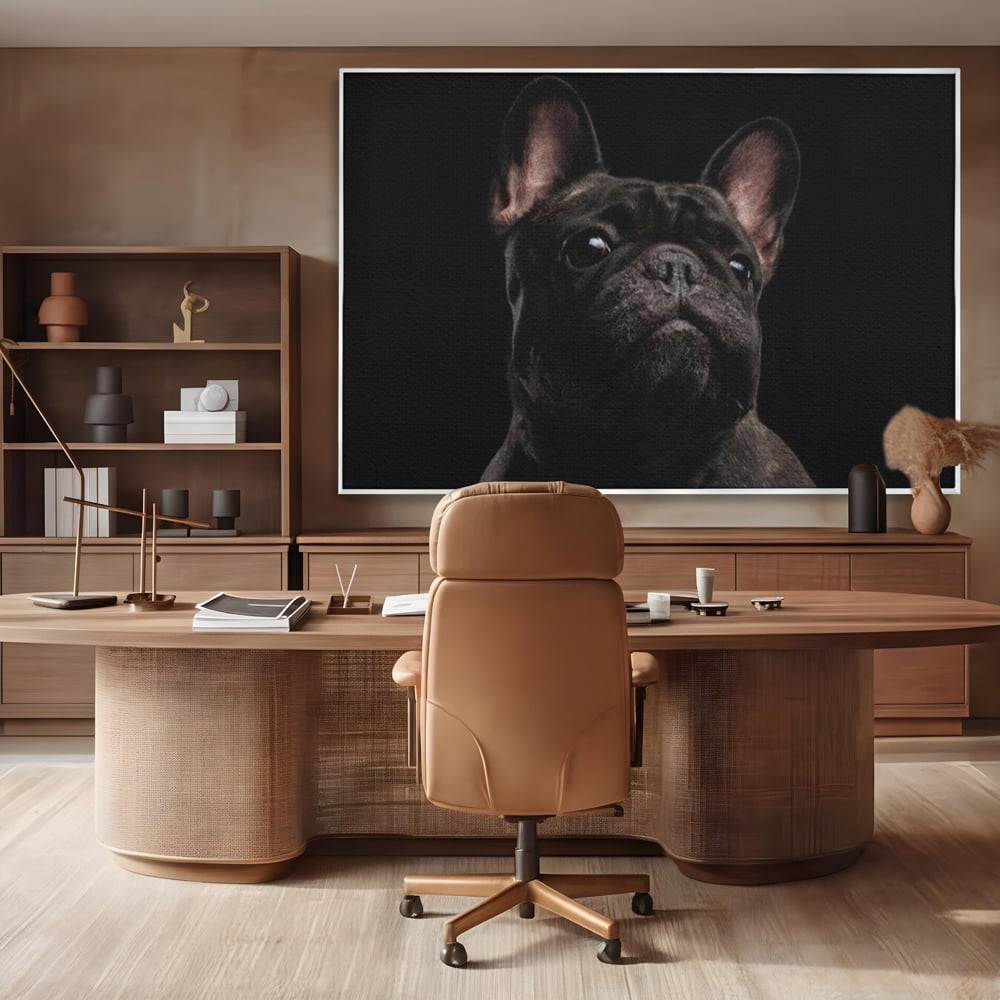 Leinwand Premium Canvas Wandkunst, LuxCanva® M1260, Bulldogge im Schatten, Porträt, Bulldogge, Bulldogge, Hund, Hund, dunkel, kynologisch, Tier, ausdrucksstark, realistisch, Rasse, Büro, Wohnen, Kinderzimmer