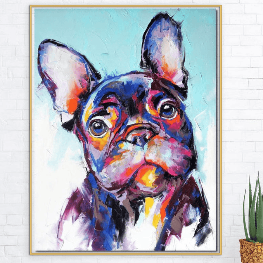 Tablou Canvas Premium LuxCanva® M1261: pictură modernă și veselă de bulldog francez cu privire expresivă, culori vii (albastru, mov, portocaliu, roz, galben) pe panza bumbac de calitate premium. Ideal pentru birou, living sau camera copilului.