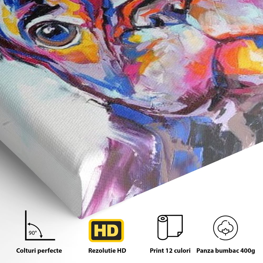 Tablou Canvas Premium, LuxCanva® M1261, Pictat cu Sufletul, Cromatic, Pictura, Arta Moderna, Bulldog, Vesel, Design, Pop Art, Funky, Caine, Urban, Birou, Living, Camera Copil