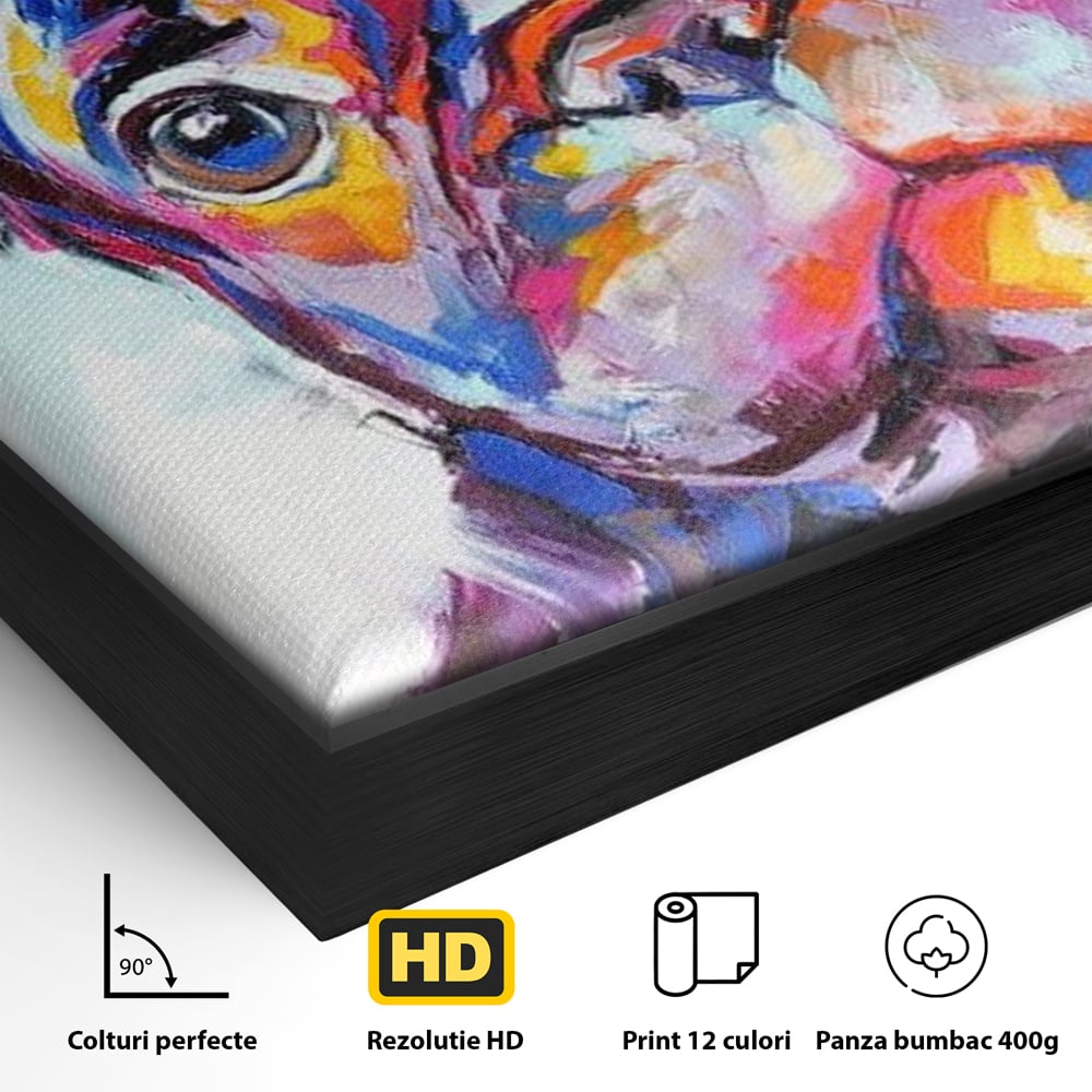 Tablou Canvas Premium, LuxCanva® M1261, Pictat cu Sufletul, Cromatic, Pictura, Arta Moderna, Bulldog, Vesel, Design, Pop Art, Funky, Caine, Urban, Birou, Living, Camera Copil