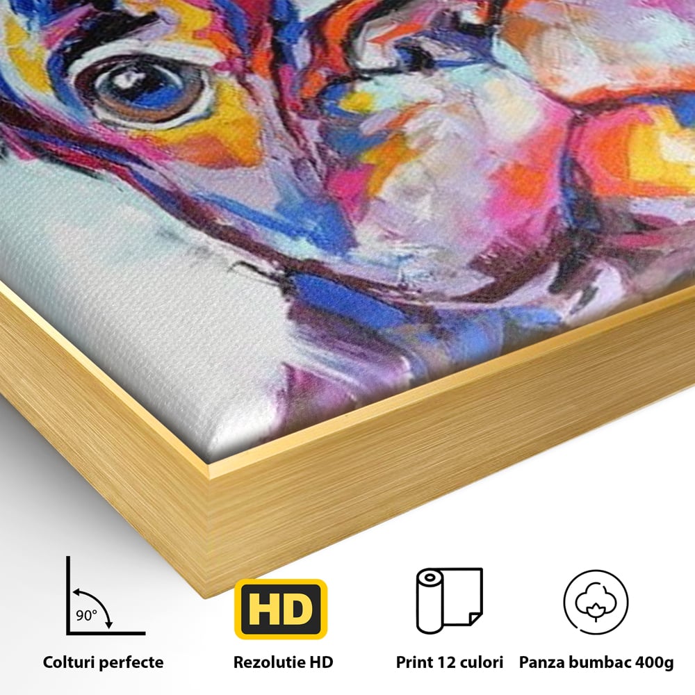 Tablou Canvas Premium, LuxCanva® M1261, Pictat cu Sufletul, Cromatic, Pictura, Arta Moderna, Bulldog, Vesel, Design, Pop Art, Funky, Caine, Urban, Birou, Living, Camera Copil