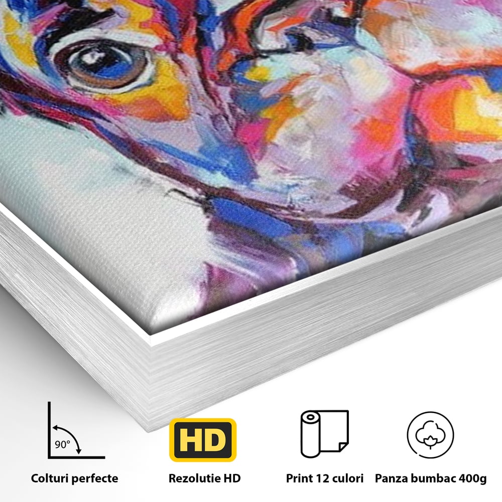 Tablou Canvas Premium, LuxCanva® M1261, Pictat cu Sufletul, Cromatic, Pictura, Arta Moderna, Bulldog, Vesel, Design, Pop Art, Funky, Caine, Urban, Birou, Living, Camera Copil