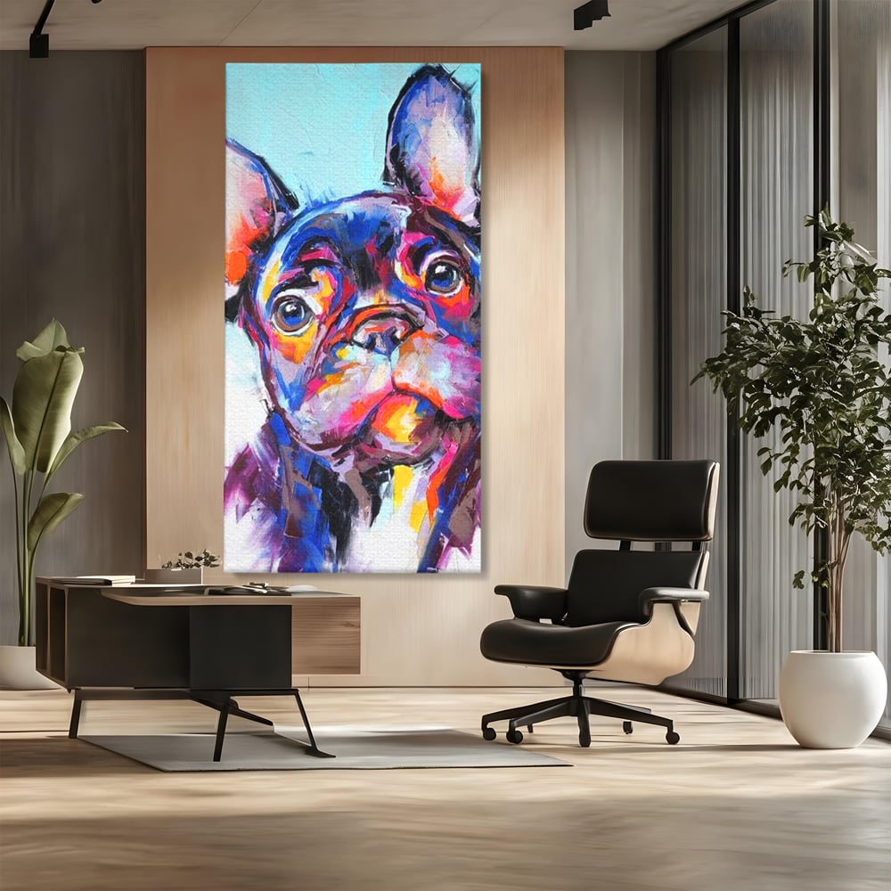 Tablou Canvas Premium, LuxCanva® M1261, Pictat cu Sufletul, Cromatic, Pictura, Arta Moderna, Bulldog, Vesel, Design, Pop Art, Funky, Caine, Urban, Birou, Living, Camera Copil