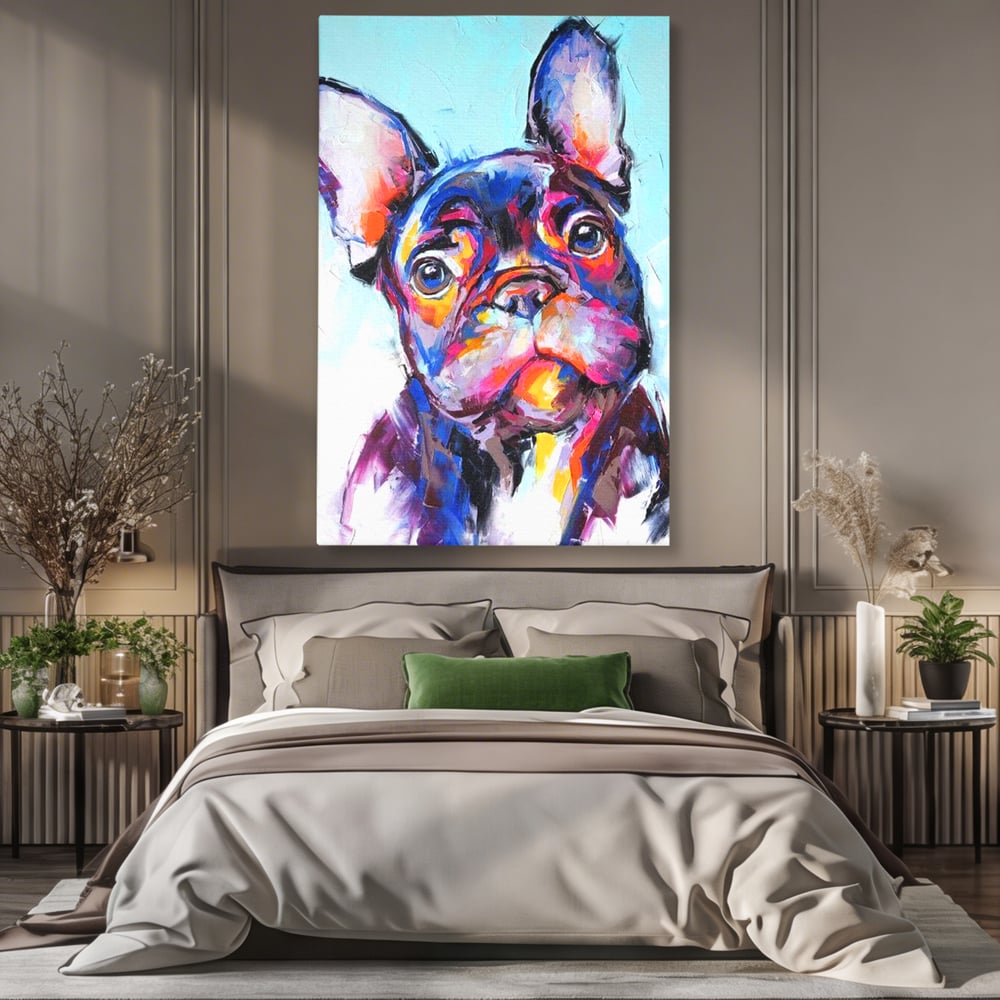 Tablou Canvas Premium, LuxCanva® M1261, Pictat cu Sufletul, Cromatic, Pictura, Arta Moderna, Bulldog, Vesel, Design, Pop Art, Funky, Caine, Urban, Birou, Living, Camera Copil