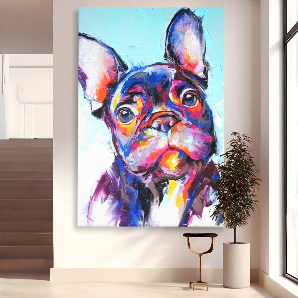 Tablou Canvas Premium, LuxCanva® M1261, Pictat cu Sufletul, Cromatic, Pictura, Arta Moderna, Bulldog, Vesel, Design, Pop Art, Funky, Caine, Urban, Birou, Living, Camera Copil