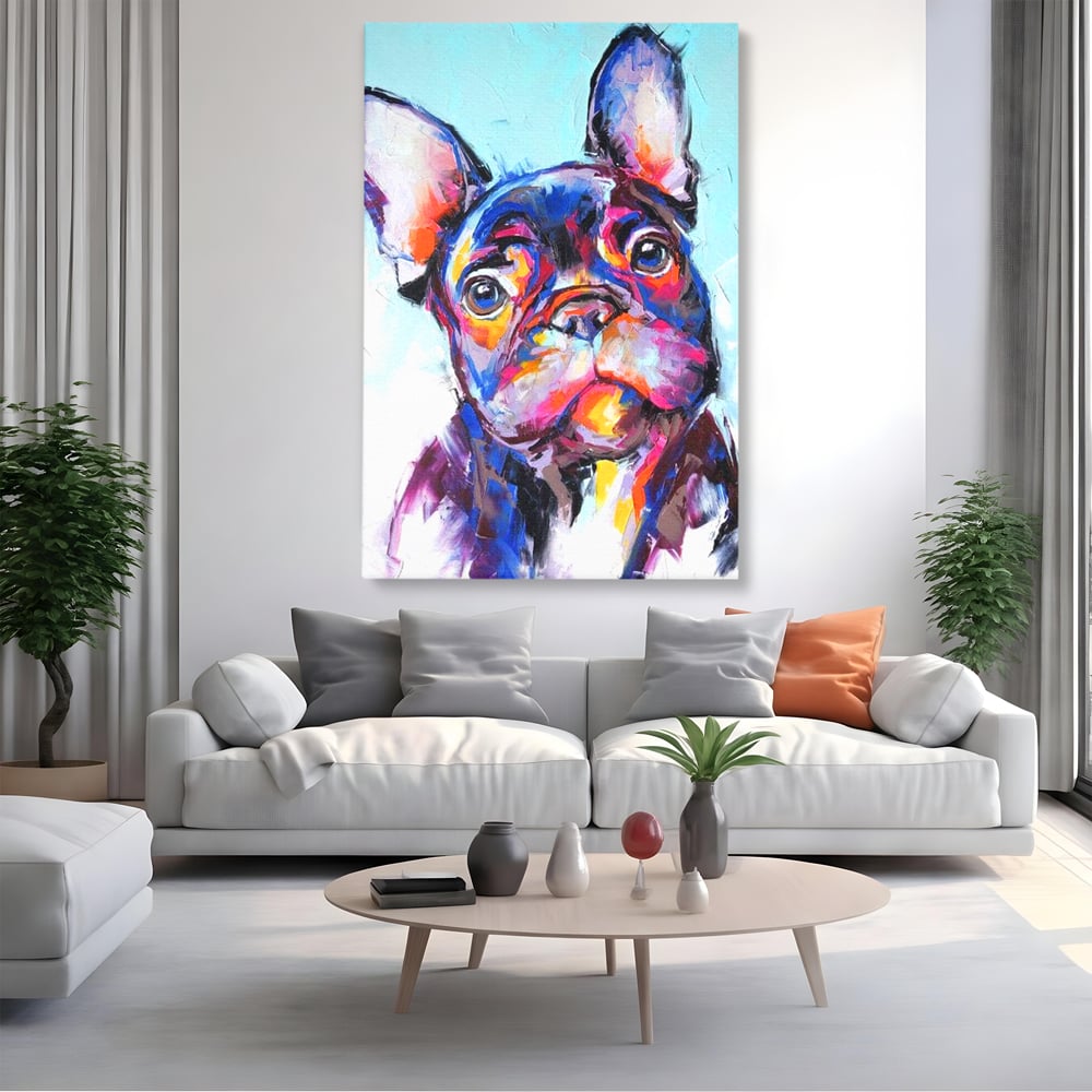 Tablou Canvas Premium, LuxCanva® M1261, Pictat cu Sufletul, Cromatic, Pictura, Arta Moderna, Bulldog, Vesel, Design, Pop Art, Funky, Caine, Urban, Birou, Living, Camera Copil