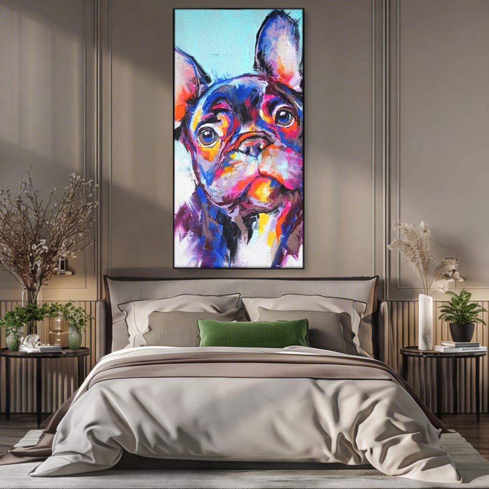 Tablou Canvas Premium, LuxCanva® M1261, Pictat cu Sufletul, Cromatic, Pictura, Arta Moderna, Bulldog, Vesel, Design, Pop Art, Funky, Caine, Urban, Birou, Living, Camera Copil