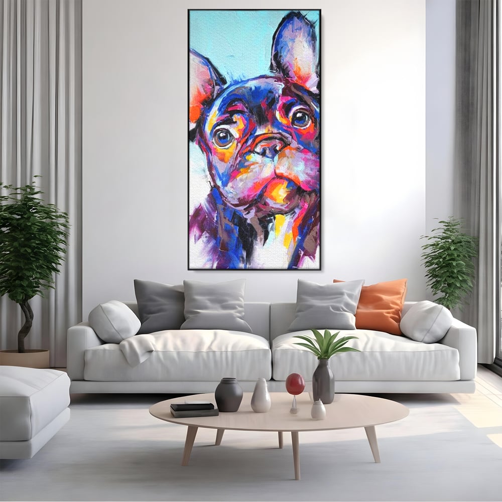 Tablou Canvas Premium, LuxCanva® M1261, Pictat cu Sufletul, Cromatic, Pictura, Arta Moderna, Bulldog, Vesel, Design, Pop Art, Funky, Caine, Urban, Birou, Living, Camera Copil